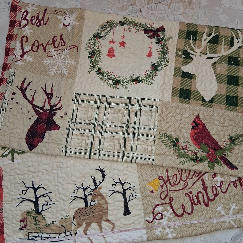 Festive Holiday King Size Quilt with Deer and Cardinal Design, With Shams